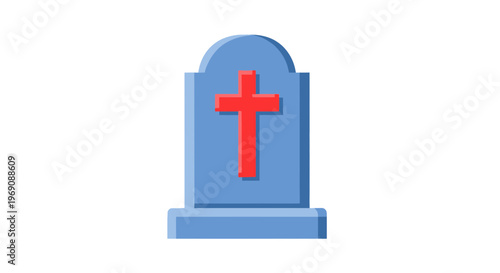 Blue Gravestone With Red Cross Icon - Funeral Symbol, Cemetery Element
