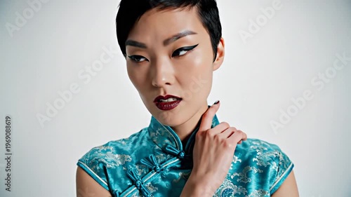 Captivating Asian Woman in Traditional Cheongsam Dress Strikes Pensive Poses Against White Backdrop