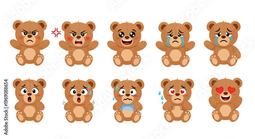 Cute Teddy Bear Faces Expressing Various Emotions - Happy, Sad, Angry, Love, Shocked