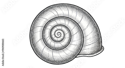 Detailed Snail Shell Spiral Drawing, Natural Form, Black and White