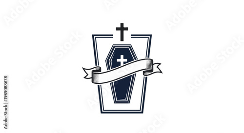 Funeral Coffin with Cross and Banner Emblem - Death, Mourning, Grief, Religion