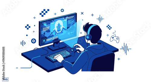 Gamer playing video game on computer with headphones and controller, digital entertainment