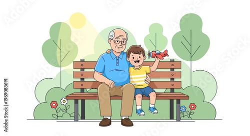 Grandfather and grandson sitting on park bench, playing with toy airplane