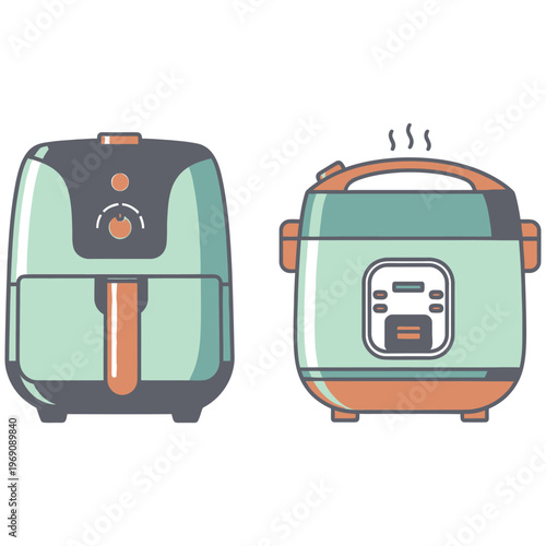Vector illustration of modern kitchen appliances including an air fryer and a rice cooker.