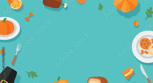 This flat vector illustration features a festive Thanksgiving dinner arrangement with pumpkins, turkey, and bread on a bright teal background.