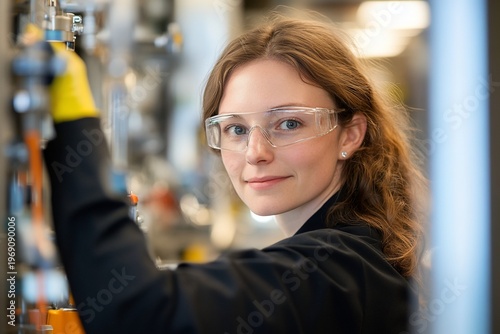A woman in safety gear working in a laboratory setting.
