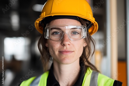 A woman in safety gear, including a helmet and goggles, poses confidently.