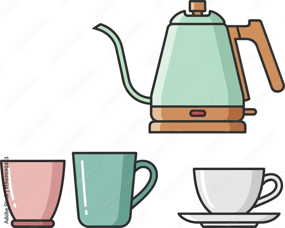 Obraz premium Electric pour over kettle with assorted coffee mugs and tea cup.