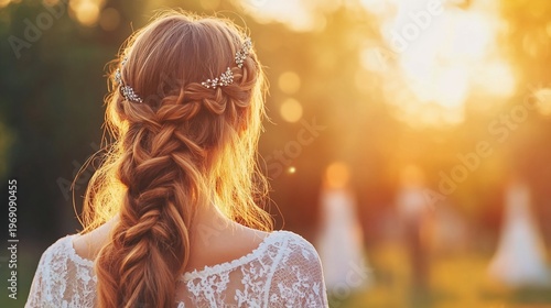 A woman with braided hair gazes at a sunset wedding scene.