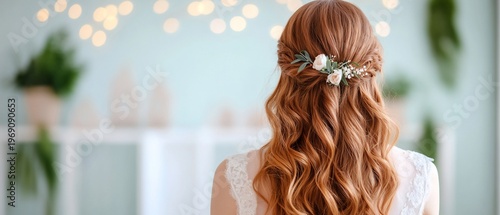 A woman with long, wavy hair adorned with flowers, facing away.