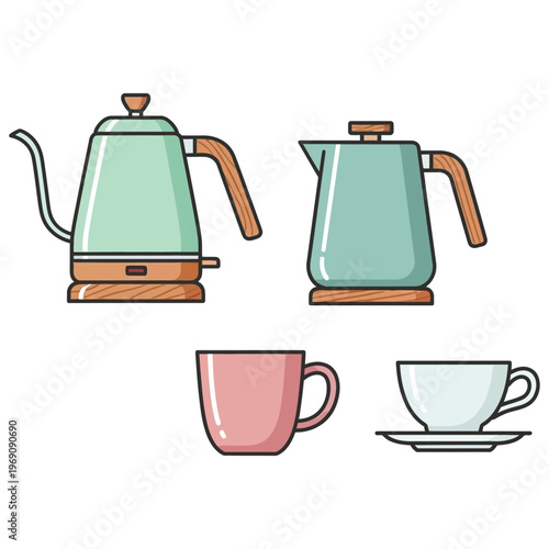 Coffee kettles and tea cups flat vector illustration set for brewing hot beverages kitchen utensils.