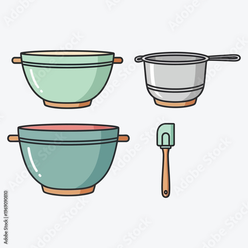 Kitchen mixing bowls colander and spatula cooking utensils set flat vector illustration for food preparation.