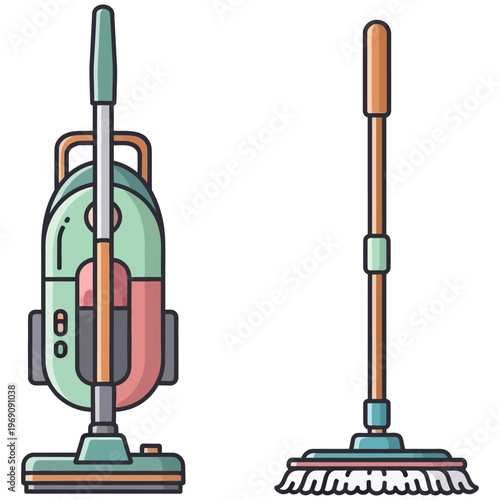 Vacuum cleaner and mop for house cleaning flat design vector icons.