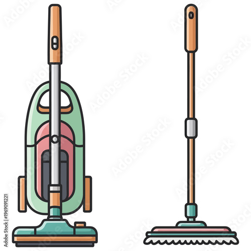Vacuum cleaner and mop for house cleaning flat design vector icons.