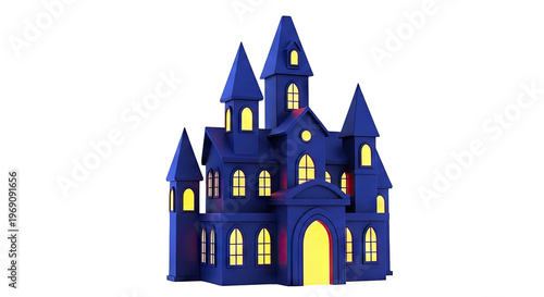 Dark Spooky Castle with Glowing Yellow Windows