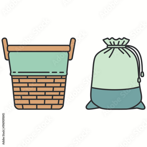 Woven laundry basket with fabric liner and drawstring laundry bag for home organization.