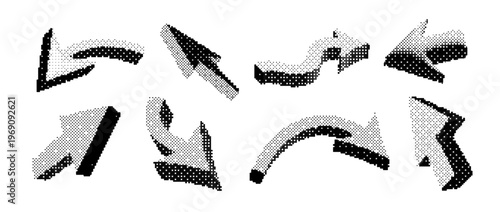 Black halftone arrow symbol set. Dotted arrowhead shape collection. Comic pop art direction or navigation icon bundle. Vector bitmap curved and straight pointer sign pack for infographic report poster