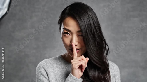 Asian woman expressing different emotions, silence gesture, and sharing secrets, perfect for