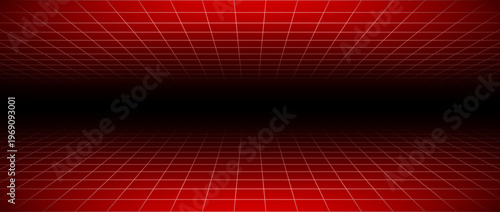 Red glow neon wireframe background. Dark red shining checkered grid floor plane in perspective. Bright retro futuristic horizon wallpaper. Arcade game sci fi matrix landscape surface. Vector backdrop