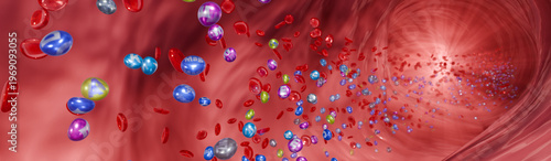 Vitamin and mineral molecules inside human blood, essential nutrition for body health and wellness, 3D Rendering