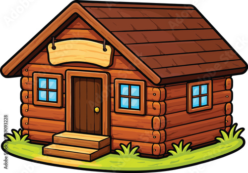 Rustic wooden log cabin vector, cozy timber cottage with blank sign, brown forest house illustration for game assets