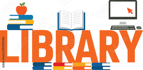 Educational library typography vector, school books and computer icons, digital learning and literacy banner design