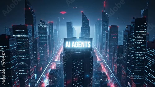 Futuristic ai agents cityscape neon lights digital technology metropolis night sky drones flying advanced intelligence urban landscape