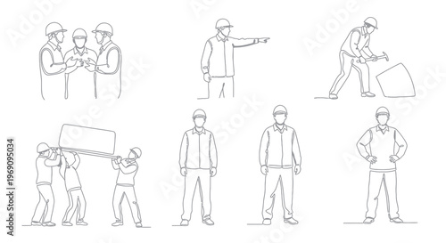 Construction Workers Line Art: Teamwork, Heavy Lifting, Safety Gear