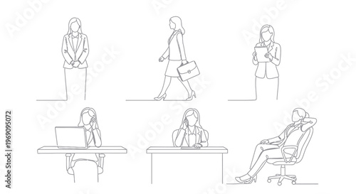 Business Woman Line Art: Office Scenes, Professional Women, Vector