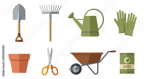 Flat Style Gardening Tools Icon Set: Shovel, Rake, Watering Can, Gloves, Pot