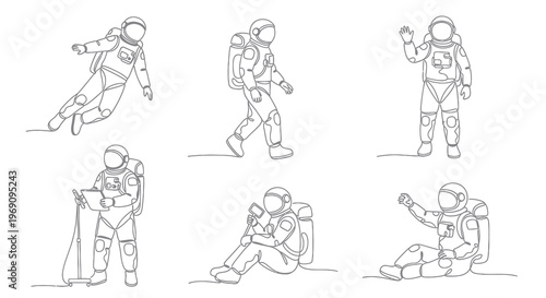 Black and White Line Art Astronauts in Various Poses, Space Exploration Vector