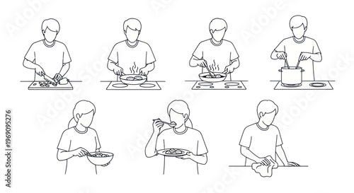 Black and White Line Art of People Cooking and Cleaning