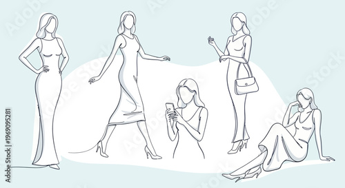 Fashion line art, elegant women in dresses, posing for style