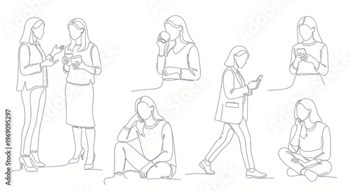 Diverse women line art, coffee break, phone use, business and casual