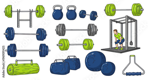Colorful gym equipment and weights illustration.