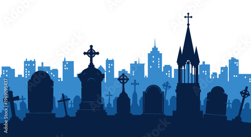 Dark Silhouette of Graveyard Crosses Tombs.