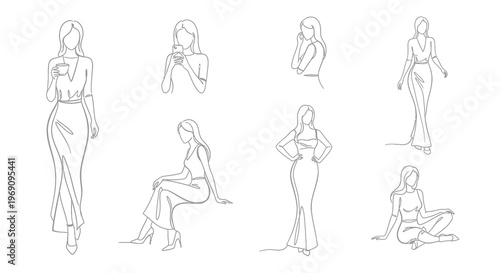 Elegant Fashionable Women Line Art