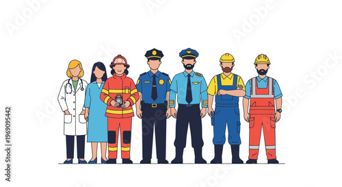 Diverse group of emergency responders standing.