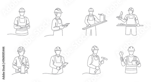 Construction workers in line art style holding tools and materials