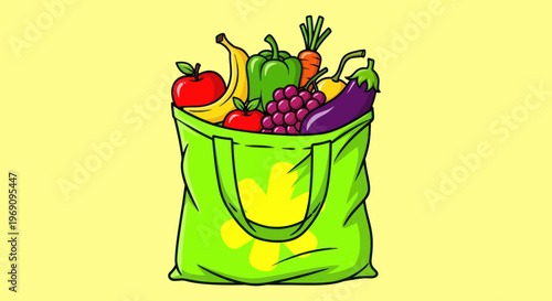 Fresh produce in green shopping bag.