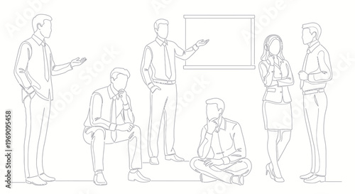 Business meeting illustration, people brainstorming, line art, teamwork, collaboration