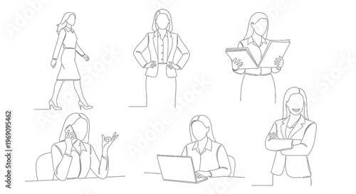 Businesswoman line art - six poses, office attire, modern professional vector
