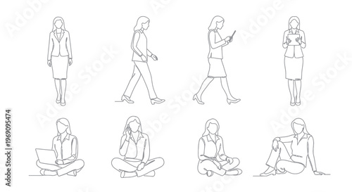 Business Women Line Art: Standing, Walking, Sitting, Using Tech