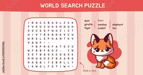 Word search puzzle. Worksheet for kids with cute fox and words related to wild forest animals. Moving banner with educational game for children to learn English. Flat Human made animated cartoon