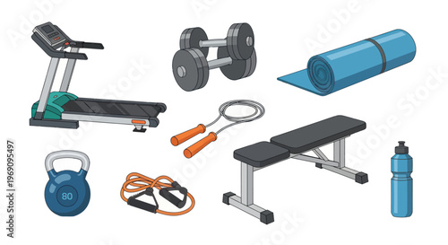 Flat illustration of gym equipment for fitness workouts