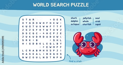 Word search puzzle. Worksheet for kids with cute crab and words related to sea creatures. Moving banner with educational game or crossword for learning English. Flat Human made animated cartoon