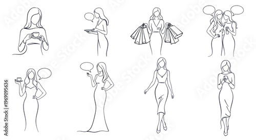 Fashionable Women Line Art: Shopping, Coffee, and Social Media Icons