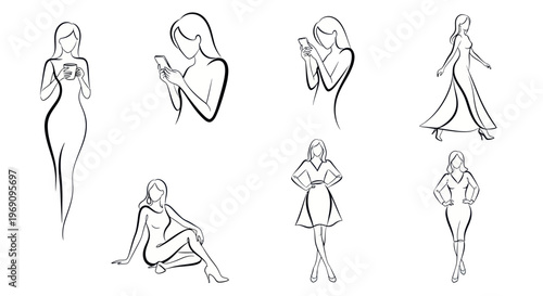 Line Art Silhouettes of Women Posing and Using Phones