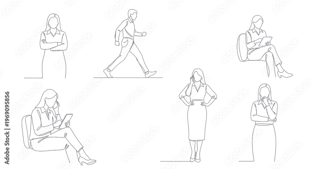 Fototapeta premium Business Woman Line Art: Poses for Meetings, Work Thinking