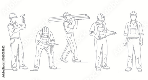 Construction Workers Line Art: Hammer, Drill, Pipes, Measuring Tape